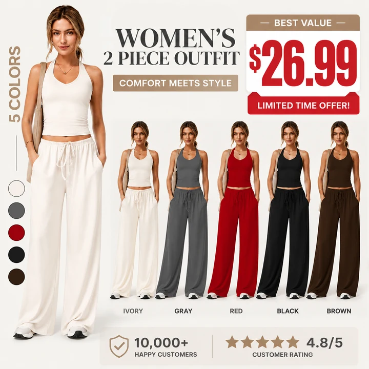 🔥50% OFF & Free Shipping🔥 Two-Piece Halter & Wide-Leg Set 🌴✨ – Drawstring, Pockets, 5 Colours S-3XL